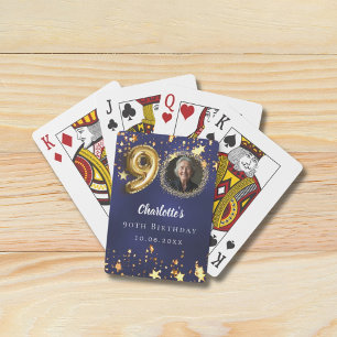 90th birthday navy blue gold stars photo poker cards