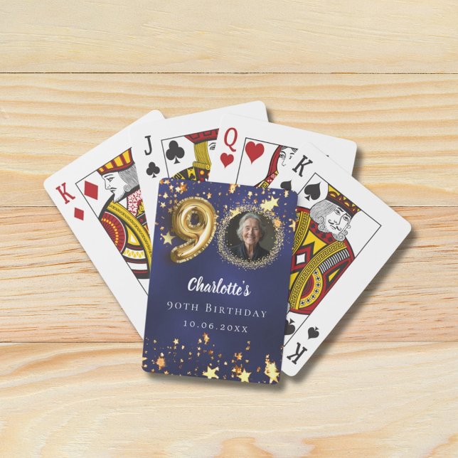 90th birthday navy blue gold stars photo poker cards (Creator Uploaded)