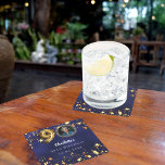 90th birthday navy blue gold stars photo square paper coaster<br><div class="desc">Navy blue uneven colored background, decorated with golden stars. Personalize and add a photo, name, age, date. Celebrate in Style – 90th Birthday Blue & Gold Photo coasters Add a personal touch to your milestone celebration with these elegant 90th birthday coasters. Featuring a stylish blue background, gold stars, and space...</div>