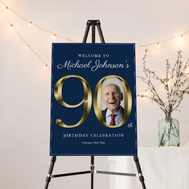 90th Birthday Navy Blue Gold Text Photo Welcome Foam Board (In Situ (Stand))
