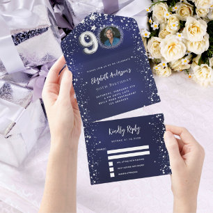 90th Birthday navy blue photo silver stars rsvp All In One Invitation