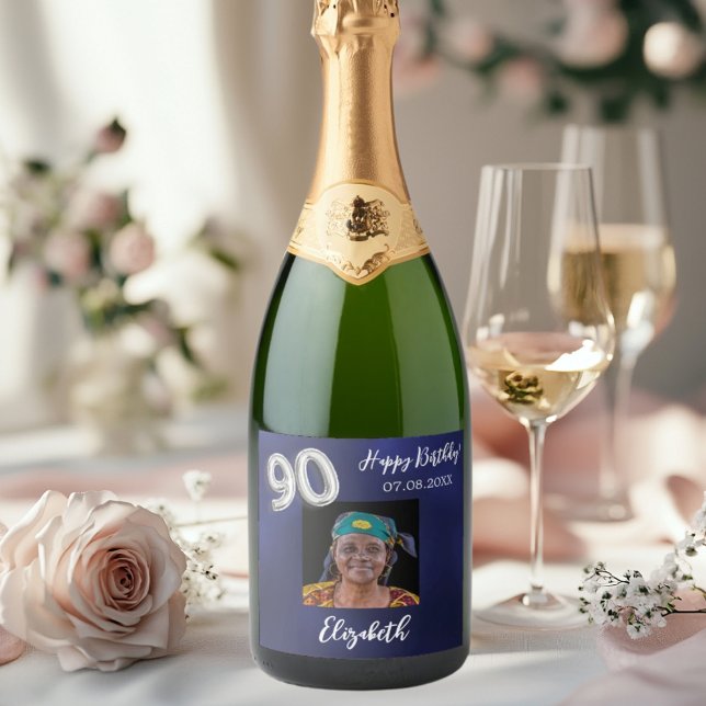 90th Birthday navy blue photo Sparkling Wine Label (Creator Uploaded)
