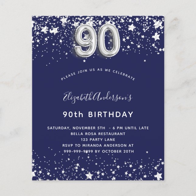 90th birthday navy blue silver budget invitation flyer (Front)