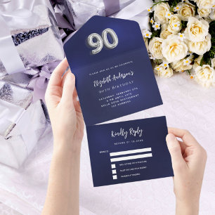 90th Birthday navy blue silver rsvp All In One Invitation