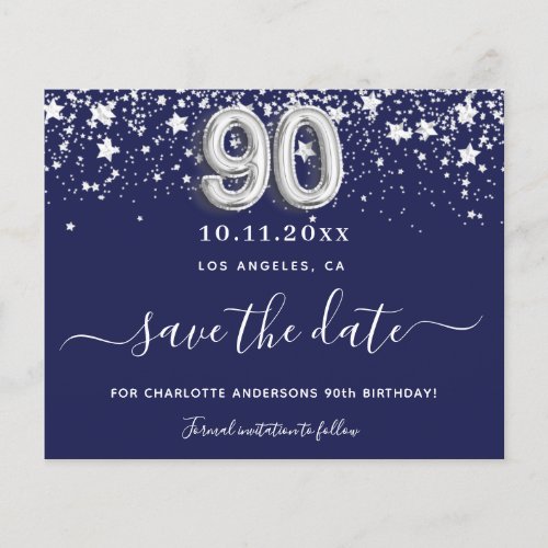 90th birthday navy blue silver save date budget flyer