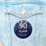 90th birthday navy blue silver stars button<br><div class="desc">For a 90th birthday party. A navy blue background color with faux silver stars. The blue color is uneven.  Add your name,  text.
Can be used as a Save the Date reminder for your guests,  party favor or as a keepsake.</div>