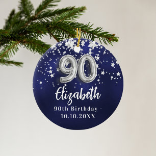 90th birthday navy blue silver stars ceramic ornament