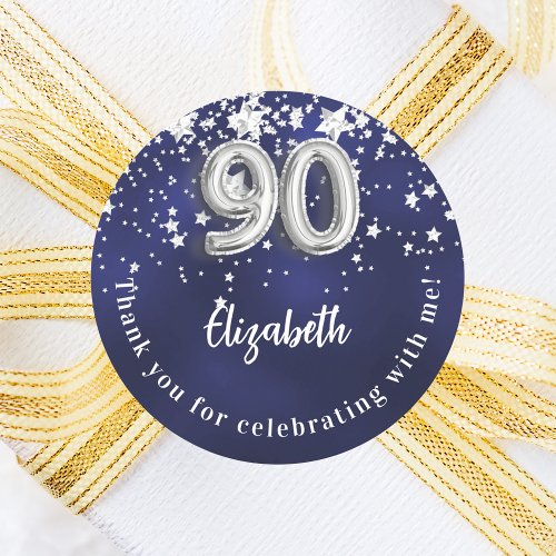 90th birthday navy blue silver stars classic round sticker