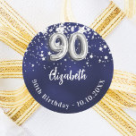90th birthday navy blue silver stars classic round sticker<br><div class="desc">A sticker for a 90th birthday party. A navy blue background color with faux silver stars. The blue color is uneven.  Add your name,  text.</div>