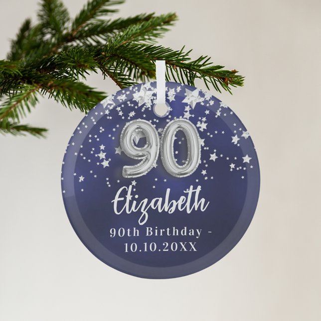 90th birthday navy blue silver stars glass ornament (Creator Uploaded)