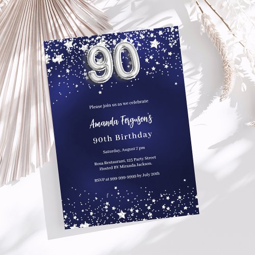 90th birthday navy blue silver stars invitation