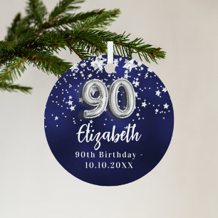 90th birthday navy blue silver stars metal ornament