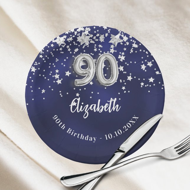 90th Birthday navy blue silver stars Paper Plates (Creator Uploaded)