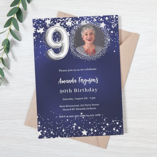 90th birthday navy blue silver stars photo invitation