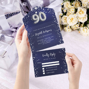 90th Birthday navy blue silver stars rsvp All In One Invitation