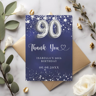 90th birthday navy blue silver stars thank you card