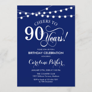 90th Birthday - Navy Blue White Invitation