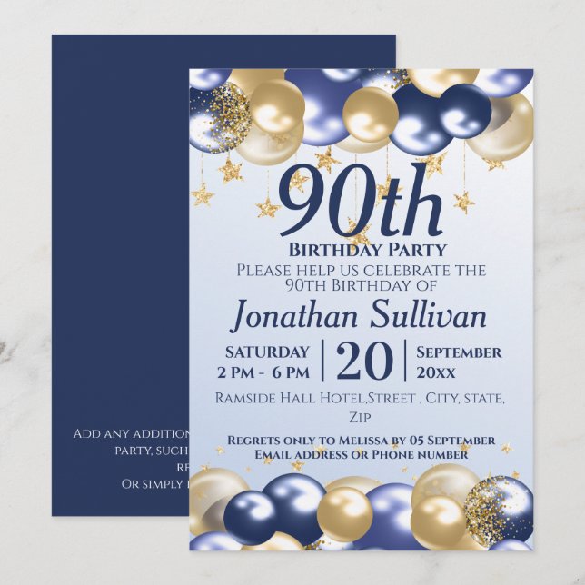 90th Birthday Navy Gold Balloons Party Invitation (Front/Back)
