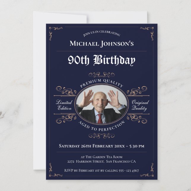 90th Birthday Navy Gold Vintage Whiskey Label  Invitation (Front)