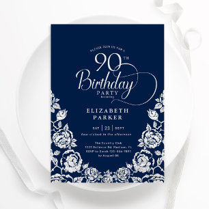 90th Birthday Navy Silver Roses Invitation