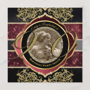 90th Birthday Ninetieth Gold Ruby Gems Photo Frame Invitation