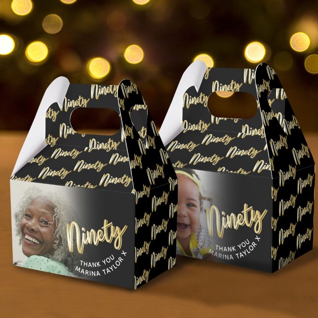 90th birthday ninety script gold black photo Favor Boxes (Creator Uploaded)
