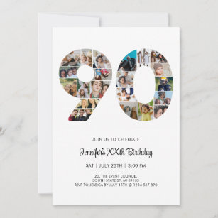 90th Birthday Number 90 Custom Photo Collage Invitation