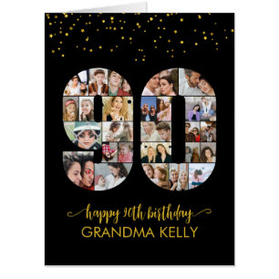 90th Birthday Number 90 Photo Collage Black Gold Card