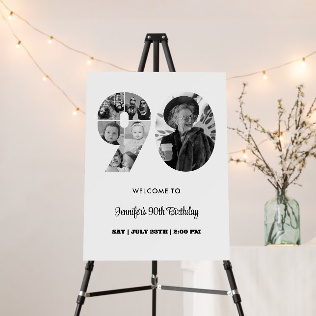 90th Birthday Number 90 Photo Collage Black White Foam Board (In Situ (Stand))