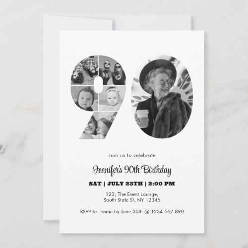 90th Birthday Number 90 Photo Collage Black White Invitation