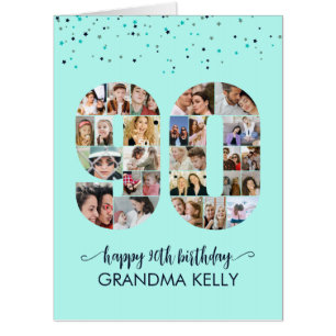 90th Birthday Number 90 Photo Collage Cyan Blue Card