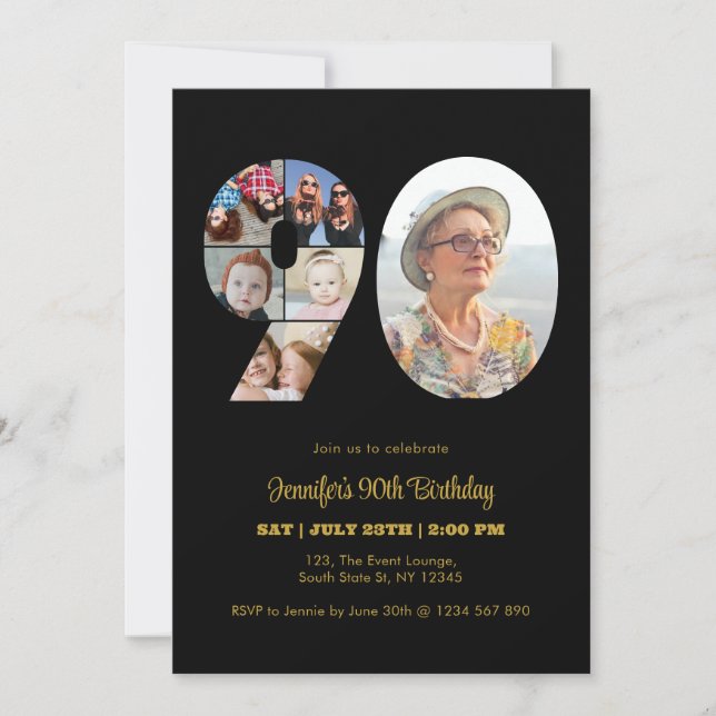 90th Birthday Number 90 Photo Collage Modern Black Invitation (Front)