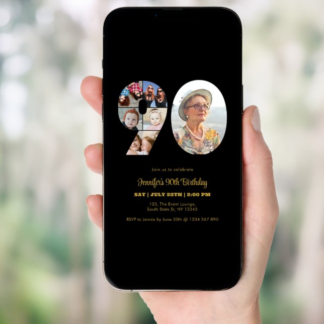 90th Birthday Number 90 Photo Collage Modern Black Invitation (Front Digital)