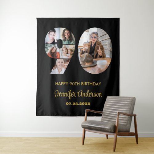 90th Birthday Number 90 Photo Collage Modern Black Tapestry