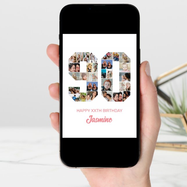 90th Birthday Number 90 Photo Collage Personalized Card (Front Digital)