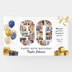 90th Birthday Number 90 Photo Collage White Gold Banner