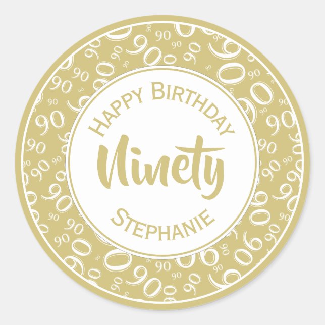 90th Birthday Number Pattern Gold and White Classic Round Sticker (Front)