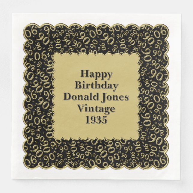 90th Birthday Number Pattern Scallops Black/Gold Paper Dinner Napkins (Front)