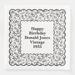90th Birthday Number Pattern Scallops Black/White Paper Dinner Napkins
