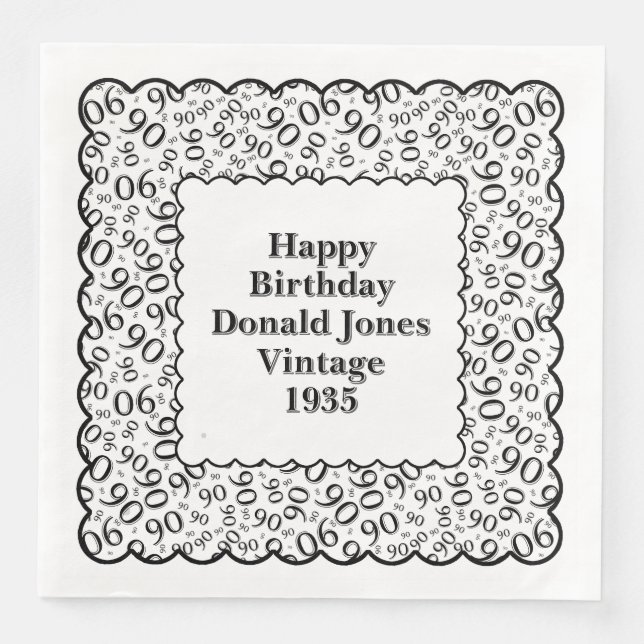 90th Birthday Number Pattern Scallops Black/White Paper Dinner Napkins (Front)