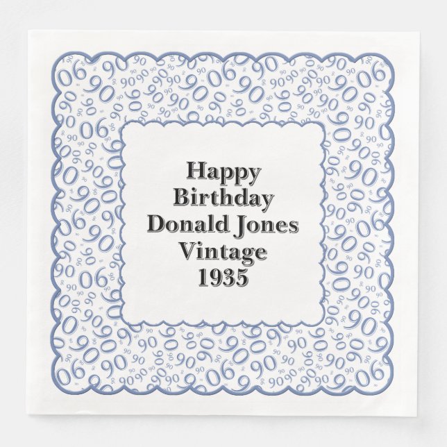 90th Birthday Number Pattern Scallops Blue/White Paper Dinner Napkins (Front)