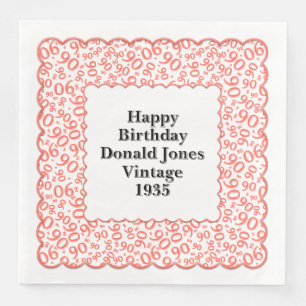 90th Birthday Number Pattern Scallops Coral/White Paper Dinner Napkins