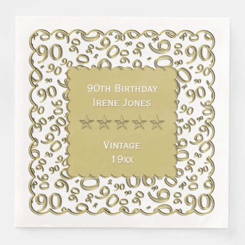 90th  Birthday Number Pattern Scallops GoldWhite Paper Dinner Napkins