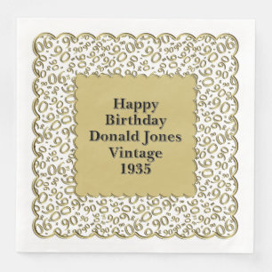 90th Birthday Number Pattern Scallops Gold/White Paper Dinner Napkins