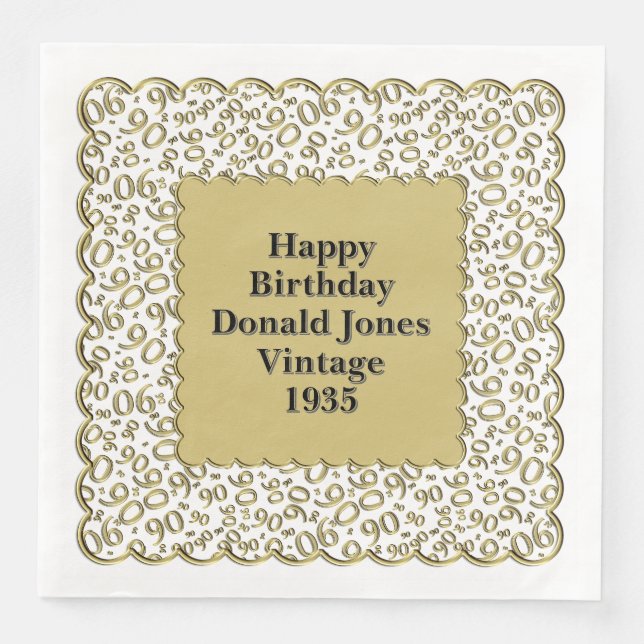 90th Birthday Number Pattern Scallops Gold/White Paper Dinner Napkins (Front)