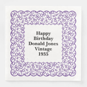90th Birthday Number Pattern Scallops Purple/White Paper Dinner Napkins