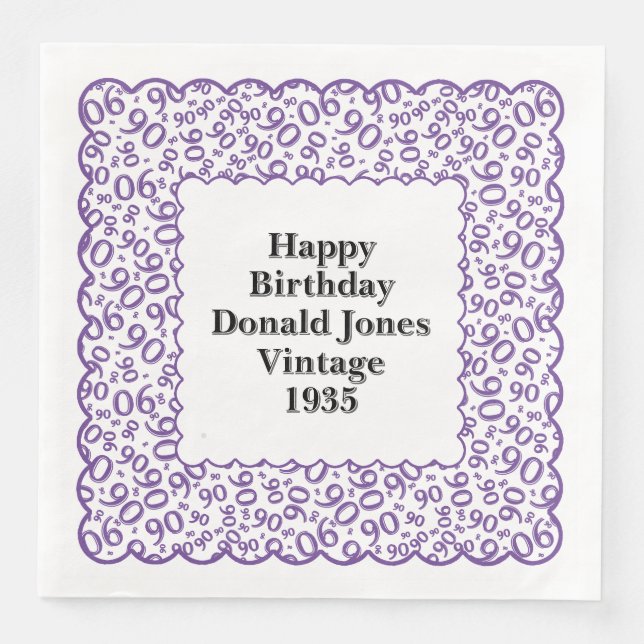 90th Birthday Number Pattern Scallops Purple/White Paper Dinner Napkins (Front)
