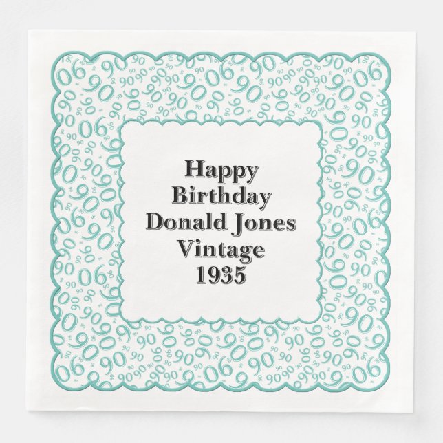 90th Birthday Number Pattern Scallops Teal/White Paper Dinner Napkins (Front)