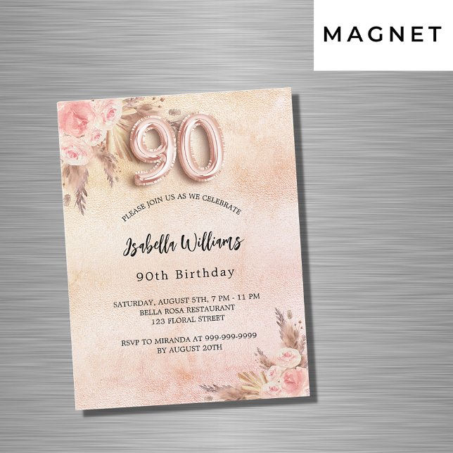 90th birthday pampas grass rose gold floral luxury magnetic invitation (Creator Uploaded)