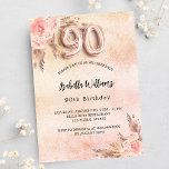 90th birthday pampas grass rose gold flowers boho invitation postcard<br><div class="desc">A rose gold,  blush pink gradient background. Decorated with rose gold and pink florals,  roses,  pampas grass.  Personalize and add a name and party details. Number 90 is written with a balloon style font.</div>